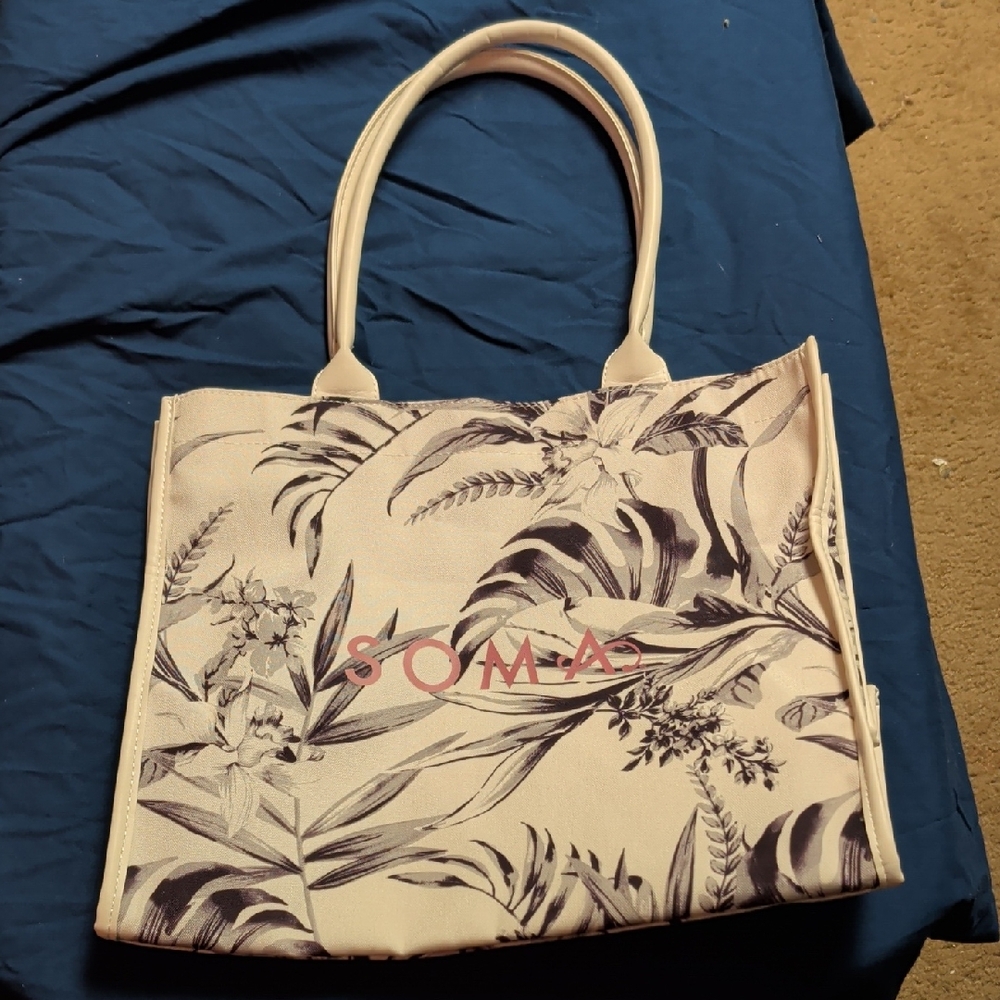 Soma Cream Floral Canvas Tote with Pink Logo Accent